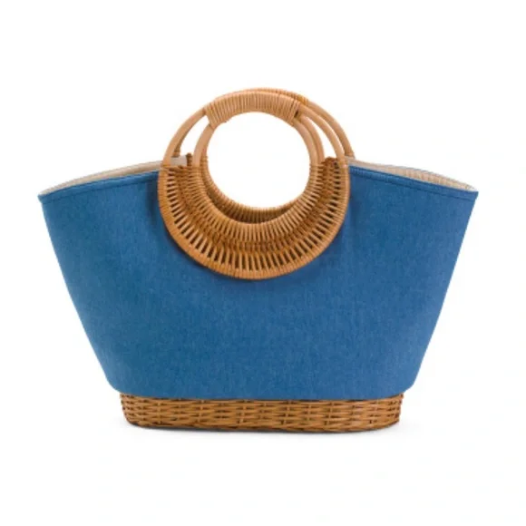 Straw Studios Blue Denim Handmade Rattan Trimmed Zipper Close Tote Handbag - Picture 3 of 14